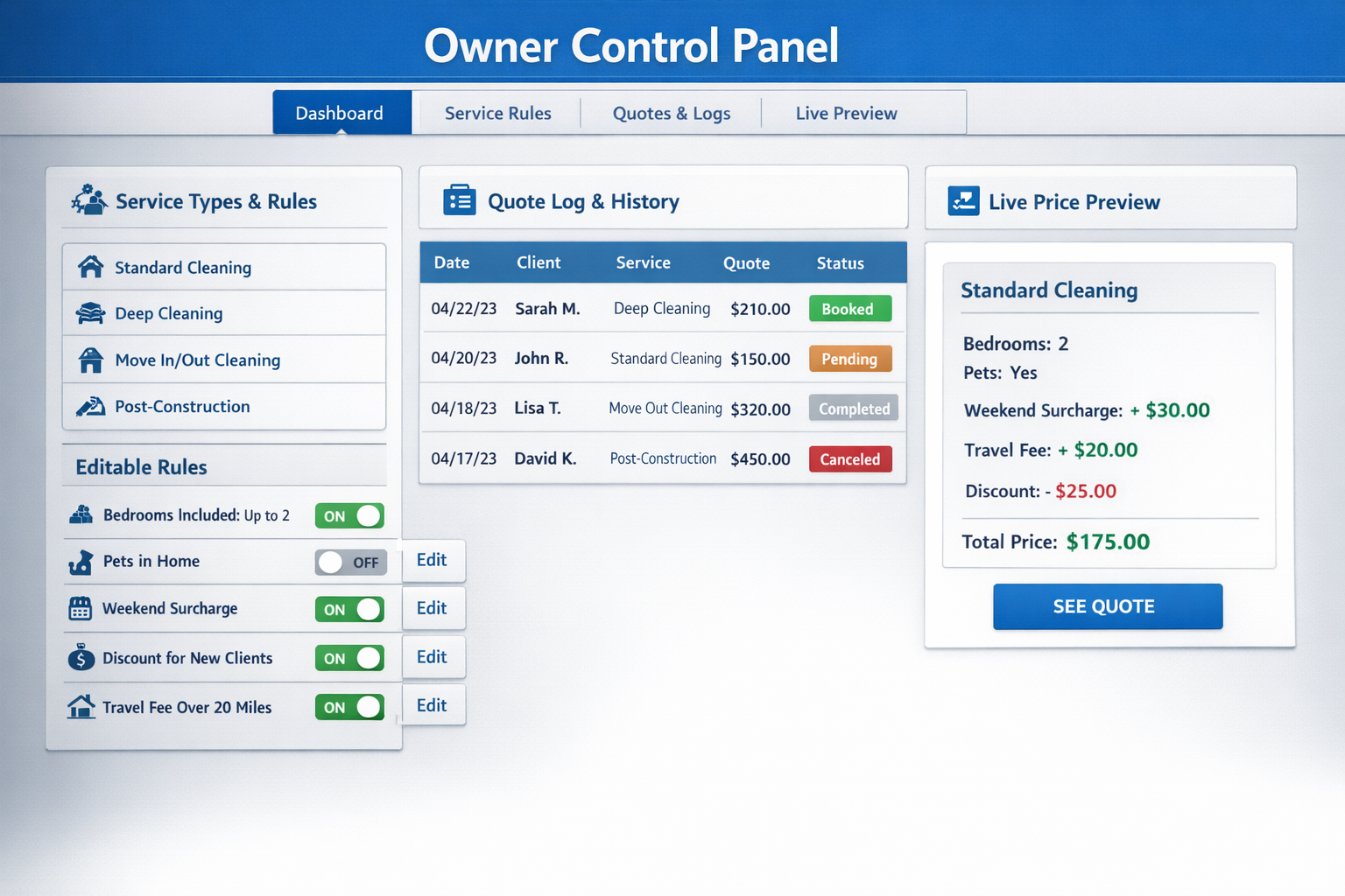 Owner Control Panel dashboard showing service rules, quote log, and live price preview